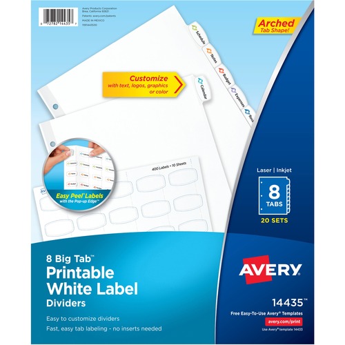 Avery® Big Tab Printable White Label Dividers - 160 x Divider(s) - 8 - 8 Tab(s)/Set - 8.5" Divider Width x 11" Divider Length - 3 Hole Punched - White Paper Divider - White Paper Tab(s) - Recycled - 20 / Box