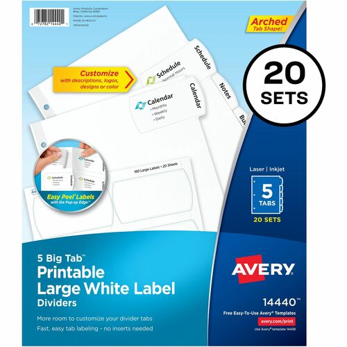 Avery® Big Tab Tab Divider - 100 x Divider(s) - 5 - 5 Tab(s)/Set - 8.5" Divider Width x 11" Divider Length - 3 Hole Punched - White Paper Divider - White Paper Tab(s) - Recycled - 20 / Box