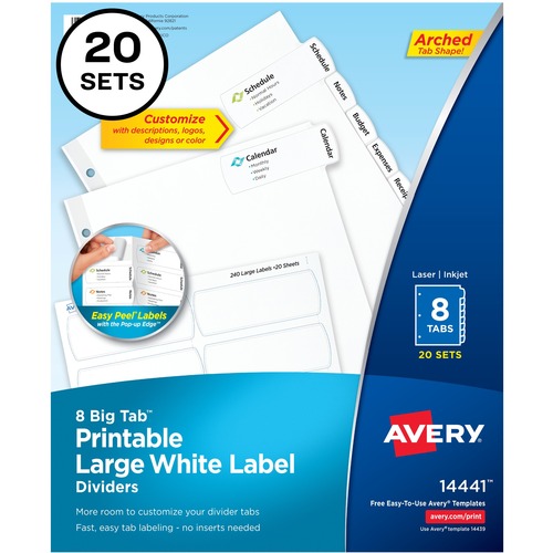 Avery® Big Tab Printable Large White Dividers with Easy Peel, 8 Tabs - 160 x Divider(s) - 8 - 8 Tab(s)/Set - 8.5" Divider Width x 11" Divider Length - 3 Hole Punched - White Paper Divider - White Paper Tab(s) - Recycled - 20 / Box