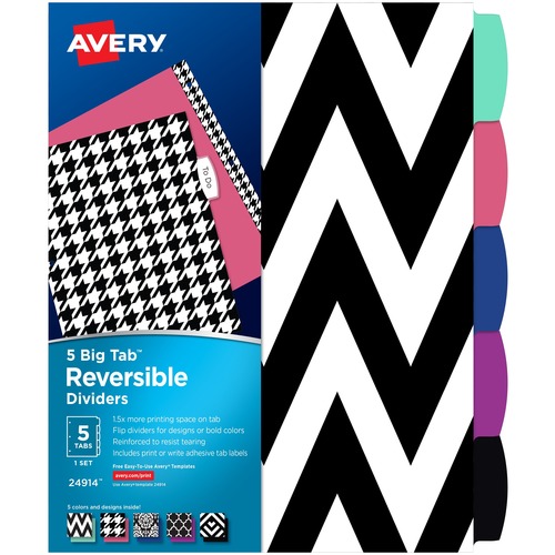 Avery® Big Tab Reversible Fashion Dividers - 5 x Divider(s) - Write-on Tab(s) - 5 - 5 Tab(s)/Set - 8.5" Divider Width x 11" Divider Length - 3 Hole Punched - Black Paper, White Divider - Multicolor Paper Tab(s) - 24