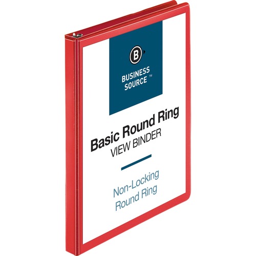 Business Source Round Ring Binder - 1/2" Binder Capacity - Round Ring Fastener(s) - 2 Internal Pocket(s) - Red - Clear Overlay, Labeling Area - 1 Each