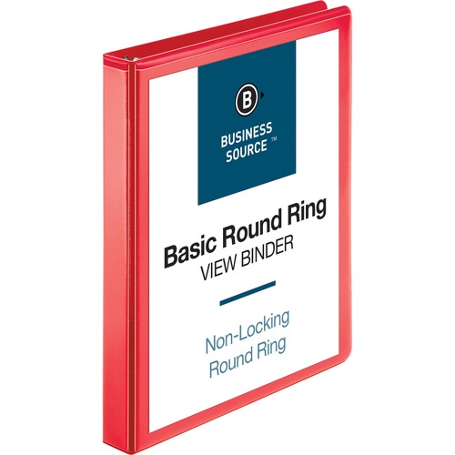 Business Source Round Ring Binder - 1" Binder Capacity - Round Ring Fastener(s) - 2 Internal Pocket(s) - Red - Clear Overlay, Labeling Area - 1 Each - Presentation / View Binders - BSN09966