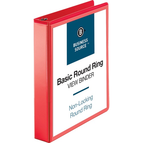 Business Source Round Ring Binder - 1 1/2" Binder Capacity - Round Ring Fastener(s) - 2 Internal Pocket(s) - Red - Clear Overlay, Labeling Area - 1 Each - Presentation / View Binders - BSN09967