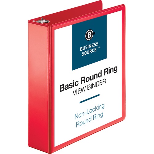 Business Source Round Ring Binder - 2" Binder Capacity - Round Ring Fastener(s) - 2 Internal Pocket(s) - Red - Clear Overlay, Labeling Area - 1 Each - Presentation / View Binders - BSN09968