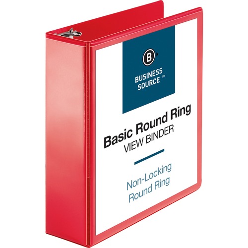 Business Source Round Ring Binder - 3" Binder Capacity - Round Ring Fastener(s) - 2 Internal Pocket(s) - Red - Clear Overlay, Labeling Area - 1 Each
