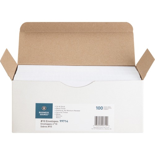 Business Source No. 10 Peel-to-seal Security Envelopes - Business - #10 - 24 lb - Peel & Seal - Wove - 100 / Box - White