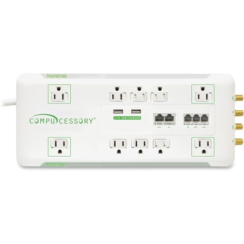 Compucessory Slim 10-Outlet Surge Protector - 10 x AC Power - 3420 J - Coaxial Cable Line
