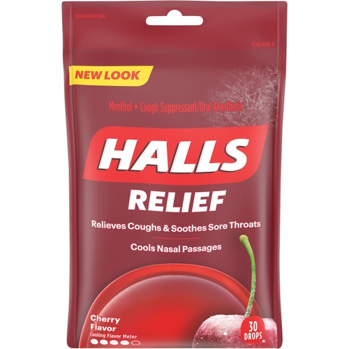 HALLS Halls Cherry Cough Drops - For Sore Throat, Cough, Nasal Congestion - Cherry - 30Bag - 12 / Box