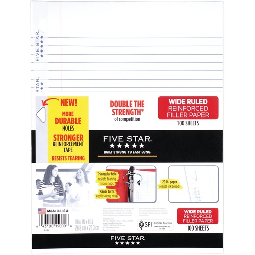 Five Star Reinforced Filler Paper - Both Side Ruling Surface - Wide Ruled - 3 Hole(s) - 20 lb Basis Weight - 8 1/2" x 11" - White Paper - Reinforced, Hole-punched, Heavyweight, Resist Bleed-through, Dual Sided, Tear Resistant - 100 / Pack