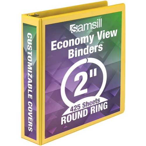 Samsill Economy 2" Round-Ring View Binder - 2" Binder Capacity - Round Ring Fastener(s) - Inside Front & Back Pocket(s) - Board, Vinyl - Yellow - 1.12 lb - Recycled - Rust Resistant, Rigid, Clear Overlay, Flexible, Exposed Rivet, Hinged - 1 Each