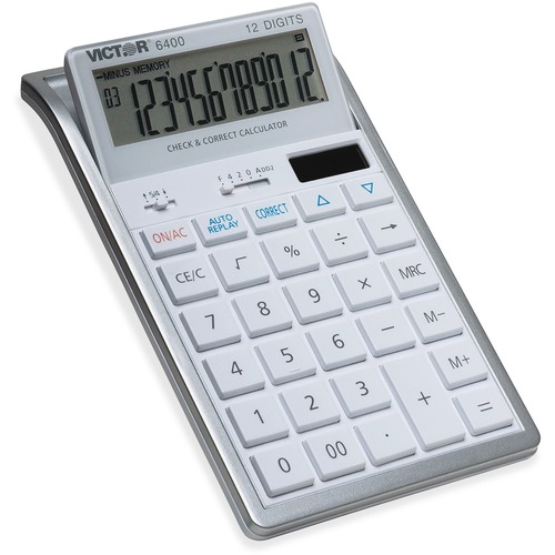 Victor 12-Digit Check and Correct Desk Calculator - Large Display, Tilt Display, 3-Key Memory, Automatic Power Down, Dual Power, Battery Backup, Independent Memory - 12 Digits - LCD - Battery/Solar Powered - White - Desktop - 1 Each - Desktop Display Calculators - VCT6400