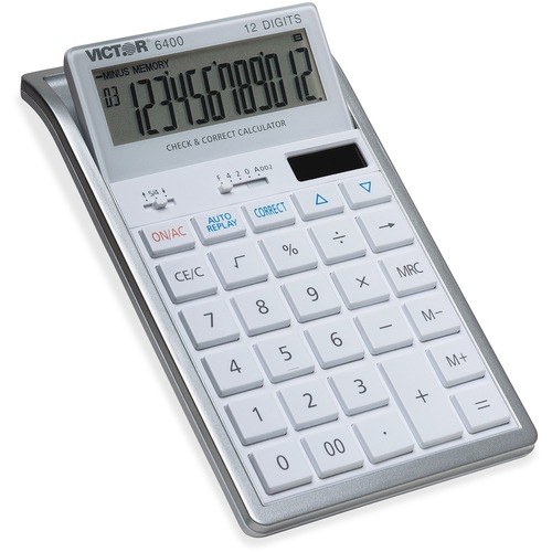 Victor 12-Digit Check and Correct Desk Calculator - Large Display, Tilt Display, 3-Key Memory, Automatic Power Down, Dual Power, Battery Backup, Independent Memory - 12 Digits - LCD - Battery/Solar Powered - 2" Height x 4.3" Width x 7" Depth - White - Des