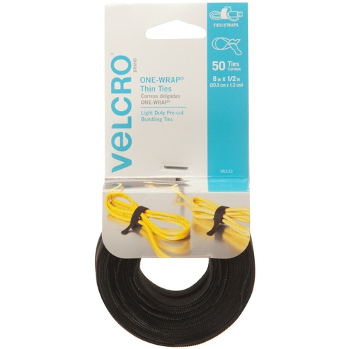 VELCRO® One Wrap Light-duty Thin Bundling Ties - 5" Width x 8" Length - Black - 50 / Pack