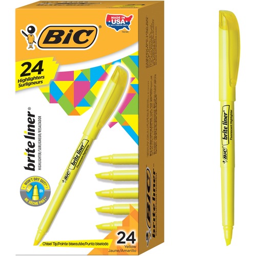 BIC Brite Liner Highlighter - Broad, Fine Marker Point - Chisel Marker Point Style - Bright Fluorescent Water Based Ink - Yellow Barrel - 24 / Box