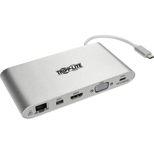 Tripp Lite by Eaton USB-C Dock, Dual Display - 4K HDMI/mDP, VGA, USB 3.x (5Gbps), USB-A/C Hub, GbE, Memory Card, 100W PD Charging - Docking Station for Notebook/Tablet PC - USB Type C - 3 x USB Ports - 3 x USB 3.0 - Network (RJ-45) - HDMI - VGA - Mini Dis