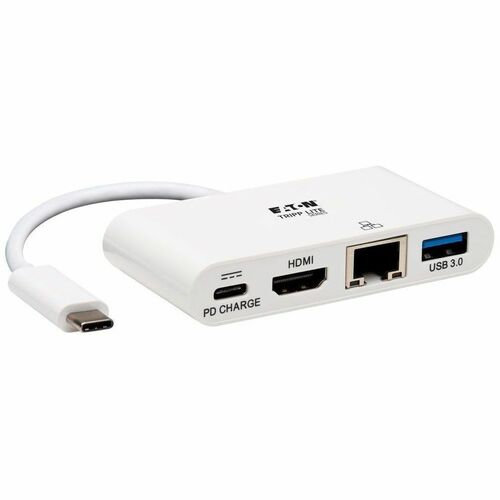 Tripp Lite by Eaton USB-C Multiport Adapter - 4K HDMI, USB 3.x (5Gbps) Hub Port, GbE, 60W PD Charging, HDCP, White - Docking Station for Notebook/Tablet PC/Desktop PC - 2 x USB Ports - 2 x USB 3.0 - Network (RJ-45) - HDMI - DisplayPort - Wired