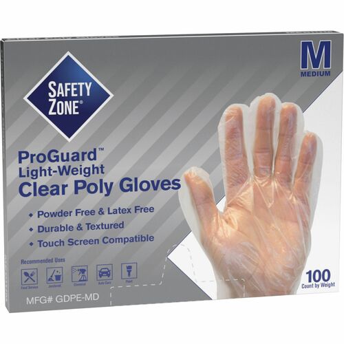 Safety Zone Clear Powder Free Polyethylene Gloves - Medium Size - Polyethylene - Clear - Die Cut, Heat Sealed Edge, Embossed Grip, Powder-free, Latex-free, Silicone-free, Recyclable - For Food - 100 / Box - 11.75" (298.45 mm) Glove Length