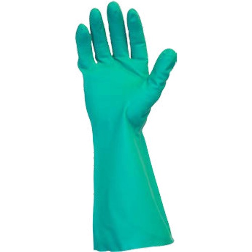 Safety Zone Green Flock Lined Nitrile Gloves - Chemical Protection - Medium Size - Green - Raised Diamond Grip, Flock-lined - For Dishwashing, Cleaning, Meat Processing - 15 mil Thickness - 13" Glove Length