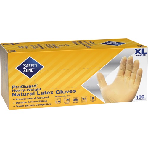 Safety Zone Powder Free Natural Latex Gloves - Polymer Coating - X-Large Size - Natural - Allergen-free, Silicone-free - 9.65" Glove Length