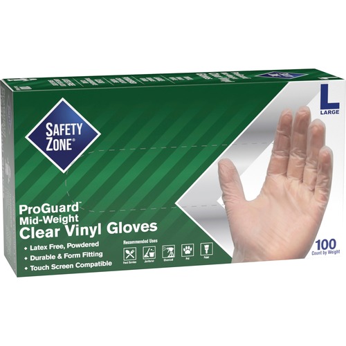 Safety Zone Powdered Clear Vinyl Gloves - 4 mil Thickness x 9.25" Glove Length - Large Size - For Right/Left Hand - Clear - Powdered, Latex-free, DEHP-free, DINP-free, Silicone-free, Comfortable, Seamless, Finger Protection, Allergen-free - For Cleaning, 