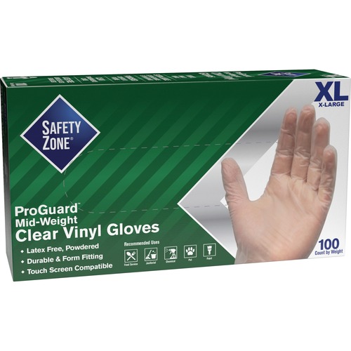 Safety Zone Powdered Clear Vinyl Gloves - 4 mil Thickness x 9.25" Glove Length - X-Large Size - For Right/Left Hand - Clear - Powdered, DEHP-free, Latex-free, DINP-free, Comfortable, Silicone-free, Finger Protection, Seamless, Allergen-free - For Cleaning