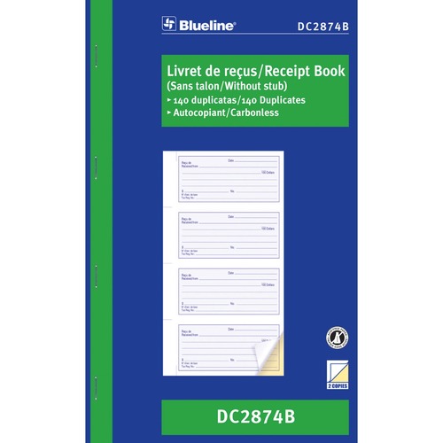 Blueline Receipt Book - 2 PartCarbonless Copy - 6 3/4" (17.1 cm) x 10 7/8" (27.6 cm) Sheet Size - Blue Cover - 1 Each = BLIDC2874B