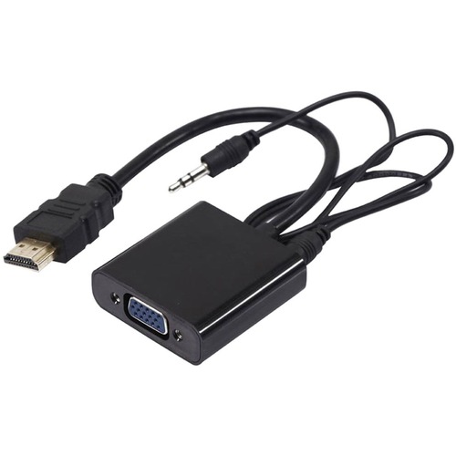 Axiom HDMI Male to VGA Female Adapter with Audio (Black) - 3.28 ft HDMI/Mini-phone/VGA A/V Cable for Audio/Video Device, Projector - First End: 1 x HDMI Digital Audio/Video - Male - Second End: 1 x 15-pin HD-15 - Female, 1 x Mini-phone Audio - Male - 6.8 
