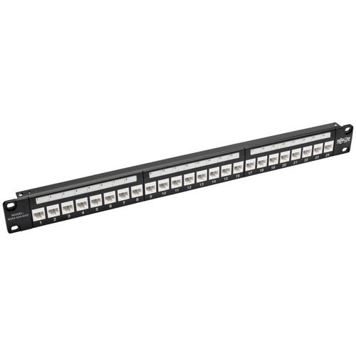 Eaton Tripp Lite Series 24-Port 1U Rack-Mount Cat6a Feedthrough Patch Panel with 90-Degree Down-Angled Ports, RJ45 Ethernet, TAA - 24 Port(s) - 24 x RJ-45 - 1U High - Black - Rack-mountable