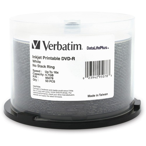 Verbatim DVD-R 4.7GB 16X DataLifePlus White Inkjet Printable - 50pk Spindle - Inkjet Printable