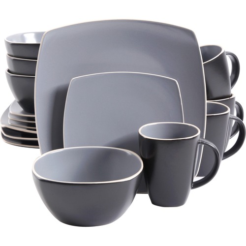 Gibson Home Soho Lounge Matte 16 Piece Dinnerware Set, Gray/Black - Dishwasher Safe - Microwave Safe - 6.5" Diameter - Gray, Black - Matte - Stoneware Body