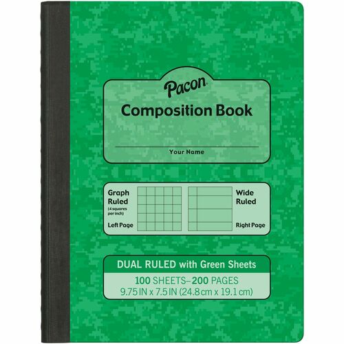 Pacon Dual Ruled Composition Book - Plain - Quad Ruled, Wide Ruled - 9.75" x 7.5" x 0.5" - Green Cover - 24 / Carton