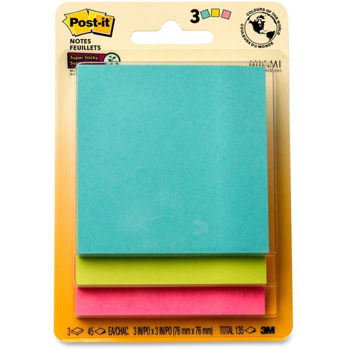 Post-it® Super Sticky Adhesive Note - 135 - 3" x 3" - Square - 45 Sheets per Pad - Plain - Recyclable, Repositionable - 3 / Pack - Adhesive Note Pads - MMM3321SSMIAC