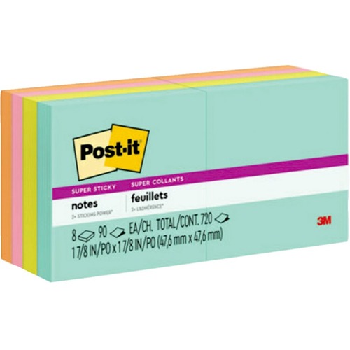 Post-it® Super Sticky Adhesive Note - 720 - 2" x 2" - Square - 90 Sheets per Pad - Removable, Repositionable, Recyclable - 8 / Pack