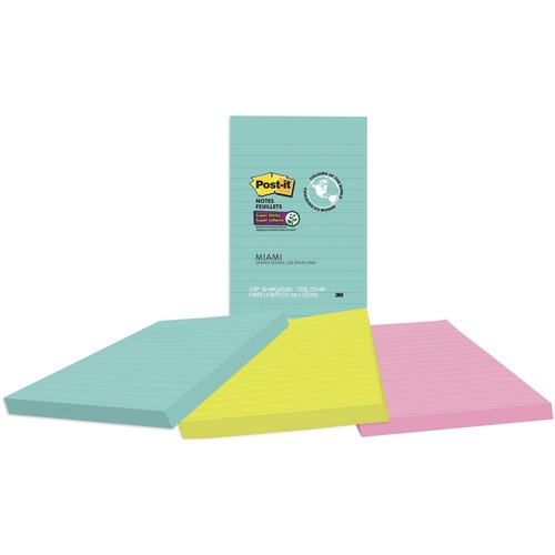 Post-it® Super Sticky Adhesive Note - 270 - 4" x 6" - Rectangle - 90 Sheets per Pad - Removable, Repositionable, Recyclable - 3 / Pack - Adhesive Note Pads - MMM6603SSMIA