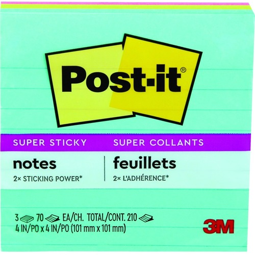 Post-it Super Sticky Adhesive Note - 4" x 4" - Square - 3 / Pack - Adhesive Note Pads - MMM6753SSMIA