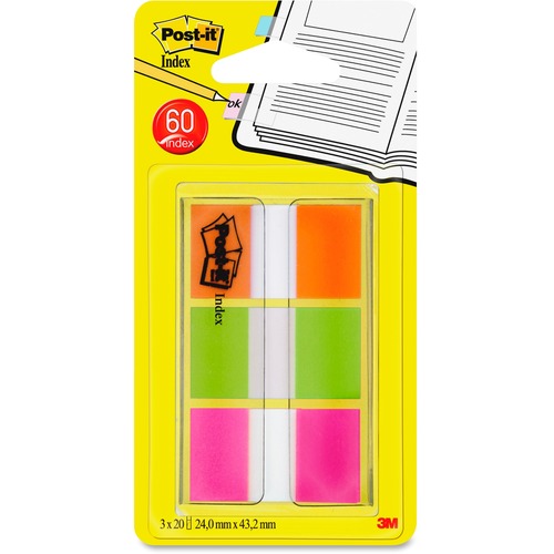 Post-it&reg; Flags, Orange, Lime, Pink .94 in wide, 60/On-the-Go Dispenser, 1 Dispenser/Pack