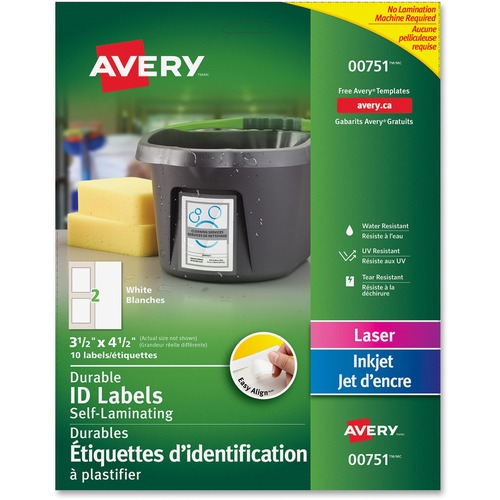 Avery® Easy Align Self-Laminating ID Labels - 3 1/2" Width x 4 1/2" Length - Permanent Adhesive - Rectangle - Laser, Inkjet - White - Water Resistant - 2 / Sheet - 10 Total Label(s) - 1 / Carton