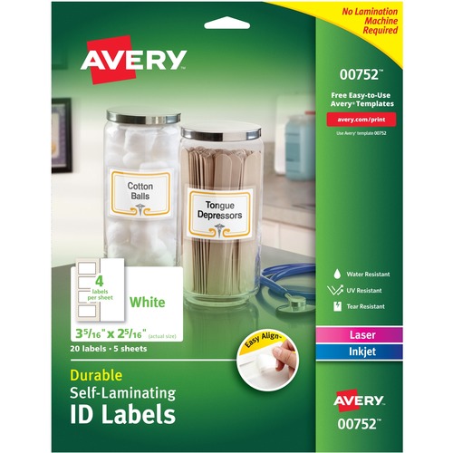 Avery® Easy Align Self-Laminating ID Labels - Waterproof - 2 5/16" Height x 3 5/16" Width - Permanent Adhesive - Rectangle - Laser, Inkjet - White - Film - 4 / Sheet - 25 Total Sheets - 100 Total Label(s) - 20 / Pack - Water Resistant - PVC-free, Perm