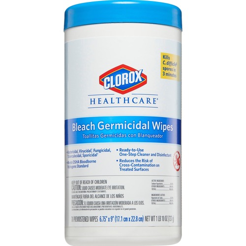 Clorox Healthcare Professional Disinfecting Bleach Wipes - Ready-To-Use Wipe6.75" (171.45 mm) Width x 9" (228.60 mm) Length - 70 / Canister - 1 Each - Medical Disinfectants & Cleaners - CLO01308