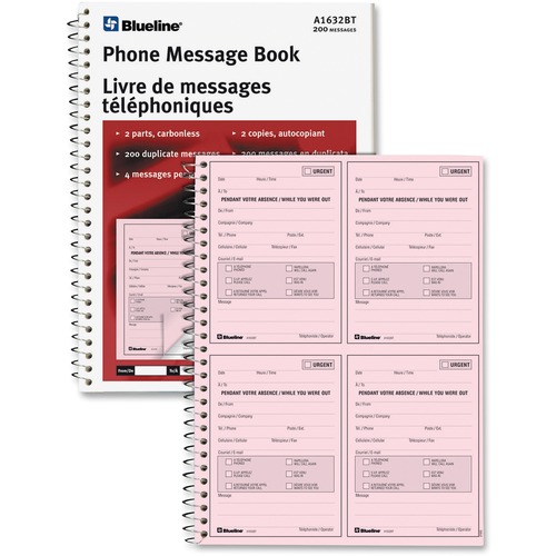Blueline Telephone Message Book - Spiral Bound - 2 PartCarbonless Copy - Letter - 8 1/2" x 11" Sheet Size - White - Pink Sheet(s) - White Cover - 1 Each