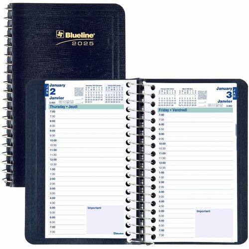 Blueline Pocket Daily Planner 3-1/2"x 6" , Bilingual, Blue - Julian Dates - Monthly, Daily, Yearly - 12 Month - January 2025 - December 2025 - 7:00 AM to 7:30 PM - Half-hourly - 1 Day Single Page Layout - 3 1/2" x 6" Sheet Size - Spiral Bound - Navy, Blue