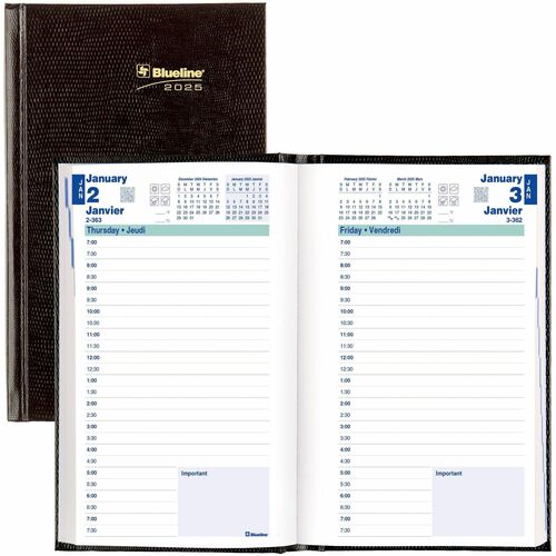 Blueline Daily Planner 8"x 5" Bilingual, Black - Julian Dates - Daily, Monthly, Yearly, Hourly - January 2025 - December 2025 - 7:00 AM to 7:30 PM - Half-hourly - Black Cover - 8" Height x 5" Width - Appointment Schedule, Notes Area, Phone Directory, Addr