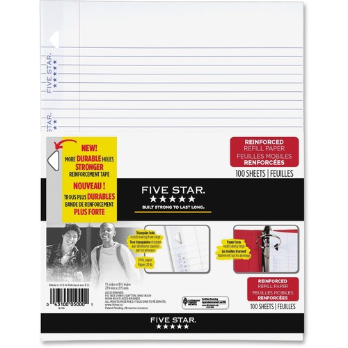 Five Star Reinforced Paper - 100 Sheets - 3-ring Binding - College Ruled - 20 lb Basis Weight - 8 1/2" x 11" - White Paper - 100 / Pack - Handwriting Paper - HLR05000