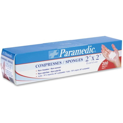 Paramedic Non-sterile Compresses 2'' X 2'' - 4 Ply - 2" (50.80 mm) x 2" (50.80 mm) - 200/Pack - 200 Per Pack - Rayon, Polyester - First Aid Kits & Supplies - PME9991125