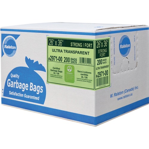 Ralston Industrial Garbage Bags - 26" (660.40 mm) Width x 36" (914.40 mm) Length - Transparent - Plastic - 200/Carton - Garbage, Waste Disposal, Industrial - Trash Bags & Liners - RLS297100