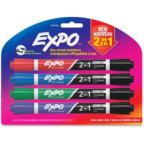 Expo 2 in 1 Dry Erase Marker - Chisel Marker Point Style - Assorted - 4 / Pack