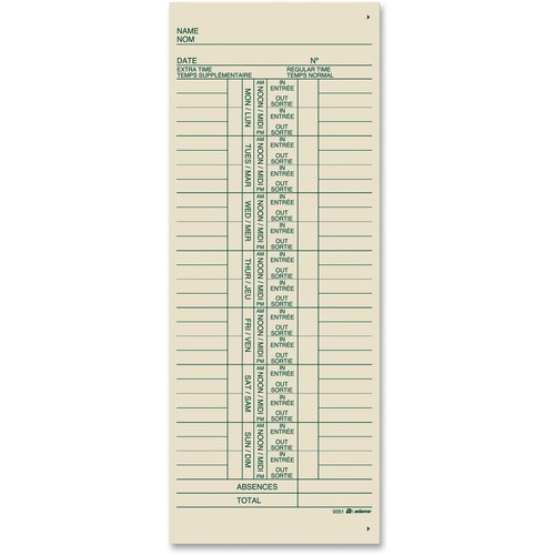 TOPS Manila Bilingual Weekly Time Cards - Manila Sheet(s) - Green Print Color - 100 / Pack - Time Cards & Time Clock Accessories - ABF9351100