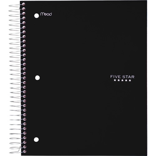 Five Star Wirebound Black 5-subject Notebook - 200 Sheets - Wire Bound - Wide Ruled - 3 Hole(s) - 8" x 10 1/2" - BlackPlastic Cover - Perforated, Water Resistant, Durable Cover, Resist Bleed-through, Easy Tear, Pocket Divider - 1 Each