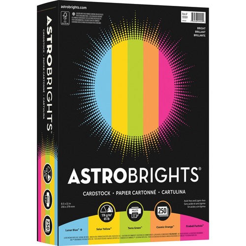 Astrobrights Laser, Inkjet Printable Multipurpose Card Stock - Lunar Blue, Solar Yellow, Terra Green, Fireball Fuschia, Cosmic Orange - Recycled - 30% - 8 1/2" x 11" - 250 / Pack