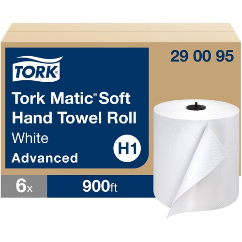 Tork Matic Hand Towel Roll White H1 - Tork Matic Soft Hand Towel Roll, White, Advanced, H1, Long-Lasting, High Absorbency, High Capacity, 1-Ply, 6 Rolls x 900 ft, 290095
